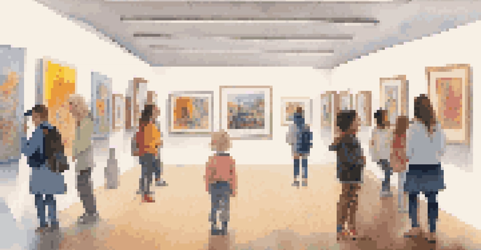 A colorful art gallery with a child's drawing next to a professional painting, filled with diverse visitors admiring the art.