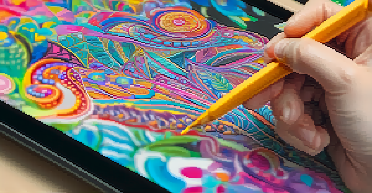 A close-up of a hand drawing on a tablet with a stylus, showcasing colorful digital art on the screen.