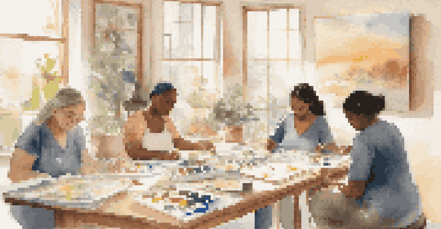 A peaceful art therapy session in a bright room where people of different backgrounds are painting and drawing, fostering emotional expression and healing.