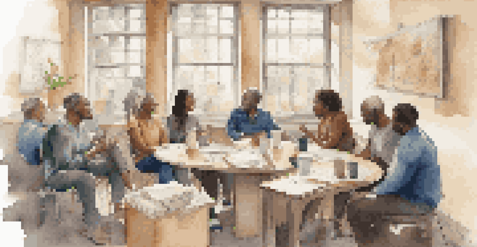 A diverse group of community members gathered in a room, discussing plans for an art project around a circular table with sketches and notes.