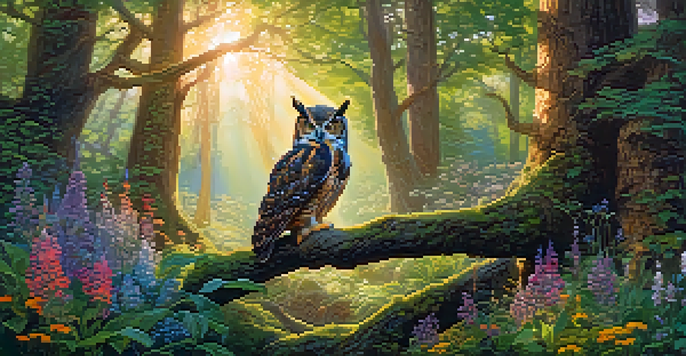 A forest scene with sunlight filtering through trees, featuring an owl on a branch and colorful wildflowers.