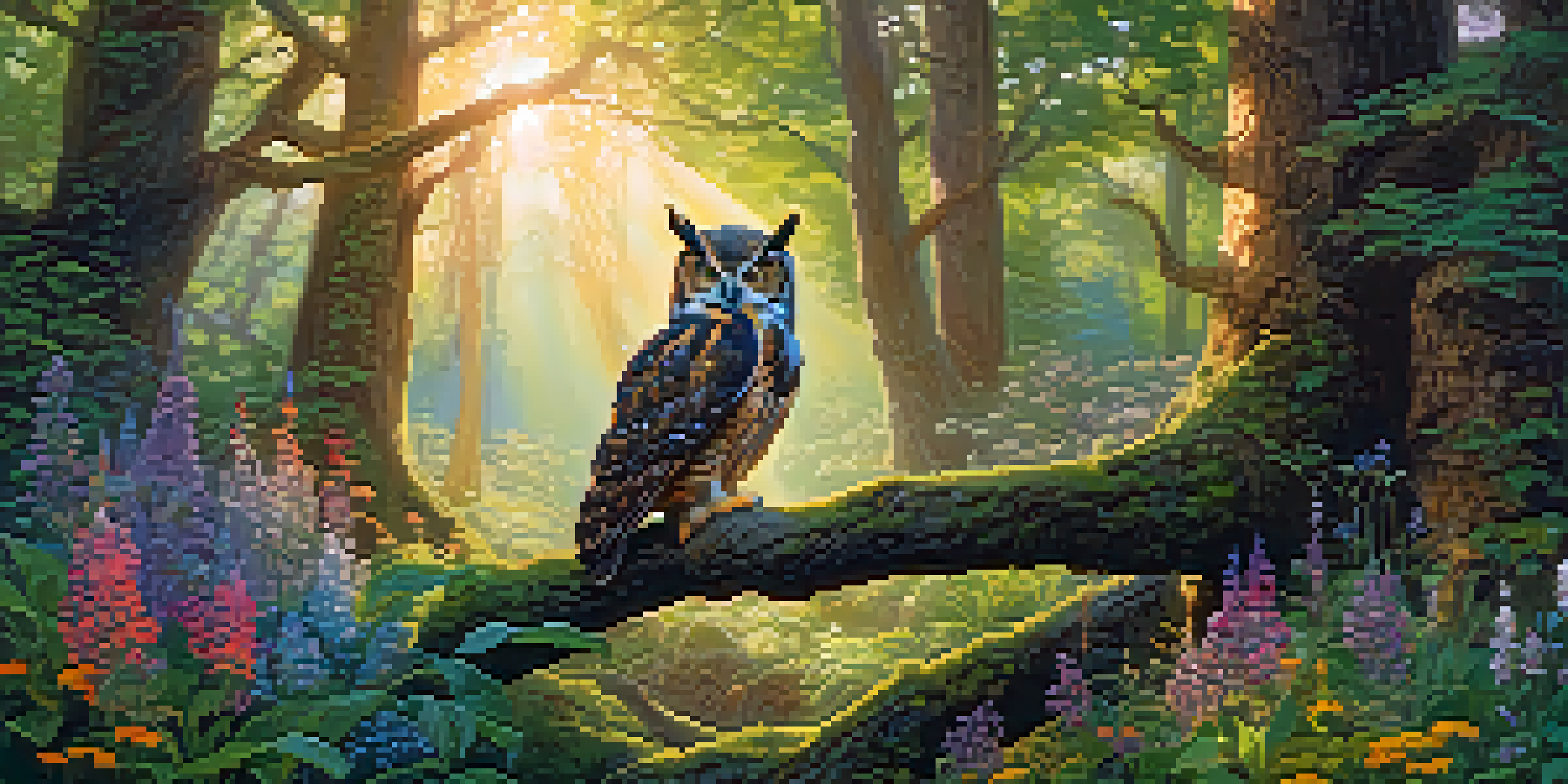 A forest scene with sunlight filtering through trees, featuring an owl on a branch and colorful wildflowers.