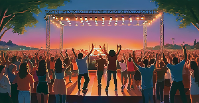 A lively outdoor concert during sunset with a diverse crowd enjoying the performance, the sky is orange and pink, and stage lights are colorful.