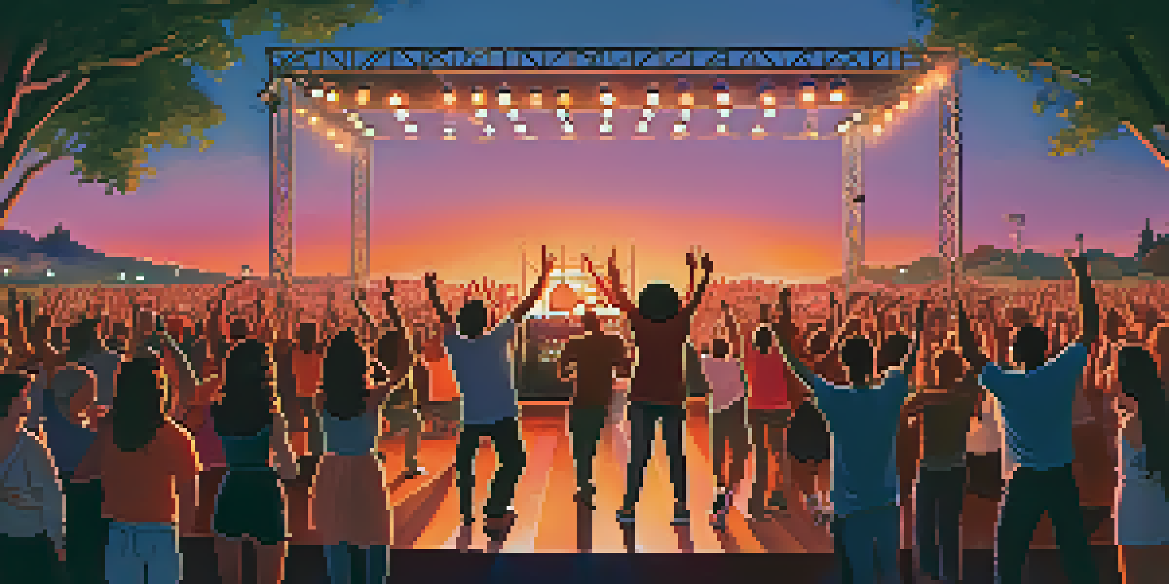 A lively outdoor concert during sunset with a diverse crowd enjoying the performance, the sky is orange and pink, and stage lights are colorful.