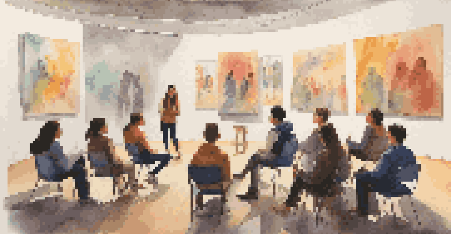 A student presenting their personal artwork to classmates in a warm, inviting art classroom.