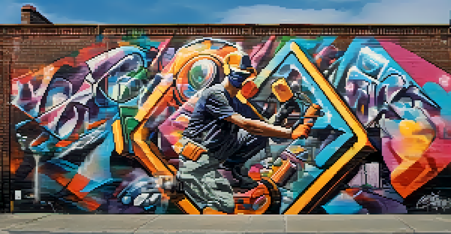 A graffiti artist spray painting a mural on a brick wall, surrounded by paint cans, illuminated by a nearby street lamp.