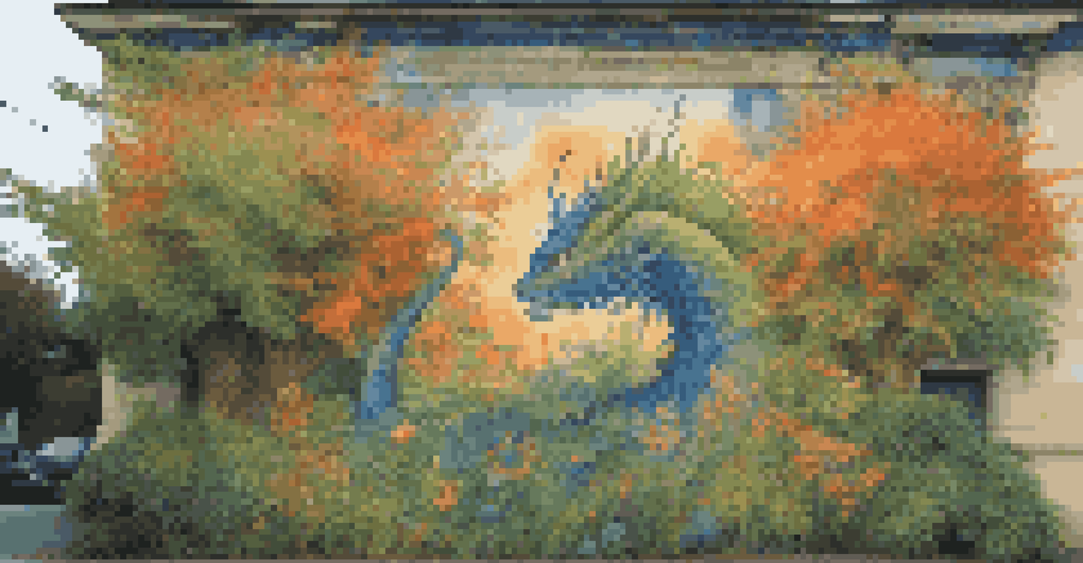 A large mural of a mythical creature surrounded by nature on an old building, with sunlight filtering through leaves.
