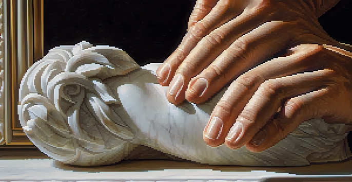 A sculptor's hands carving a marble statue, with warm light illuminating the scene and intricate textures visible on the sculpture's surface.