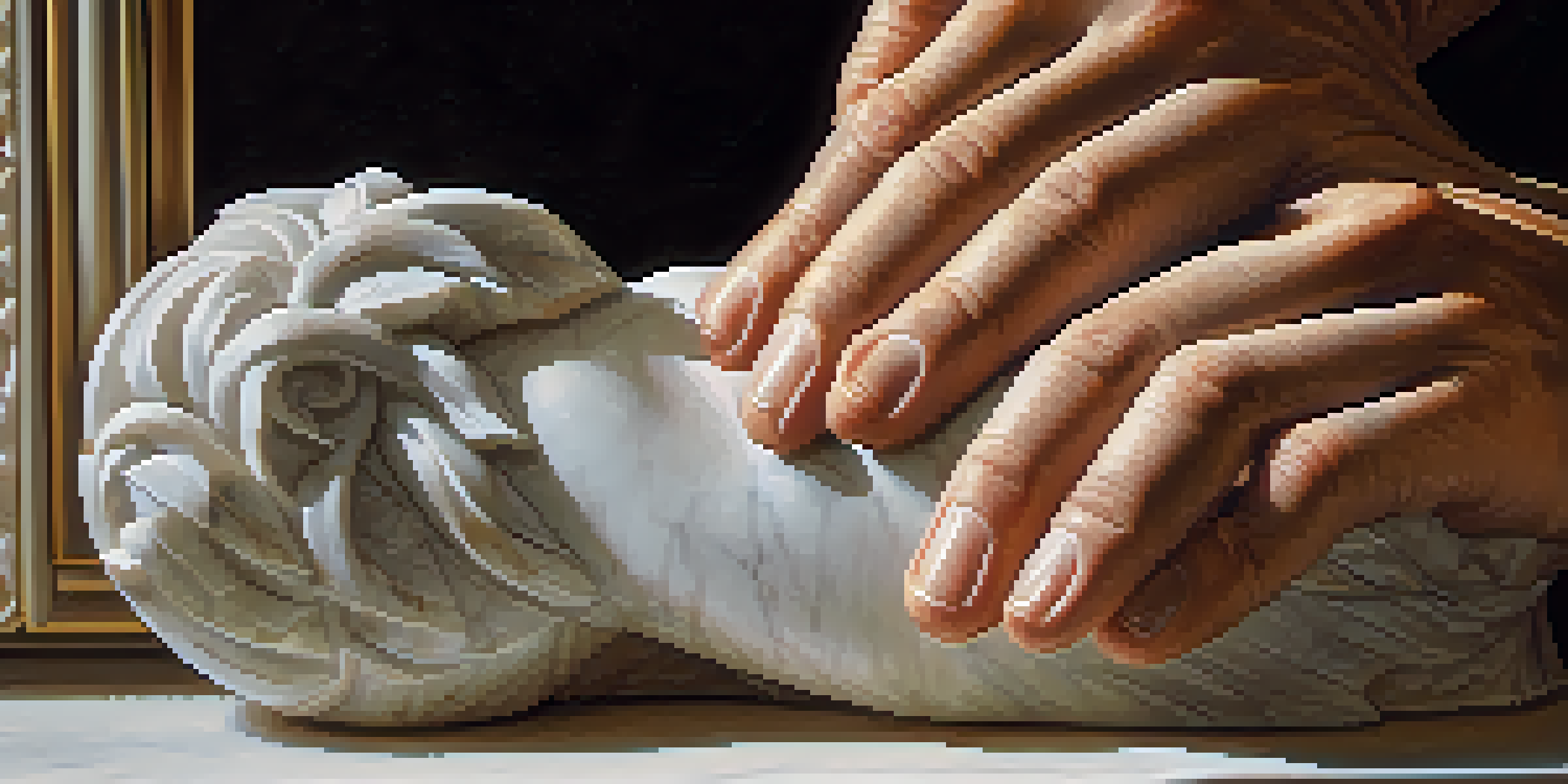 A sculptor's hands carving a marble statue, with warm light illuminating the scene and intricate textures visible on the sculpture's surface.