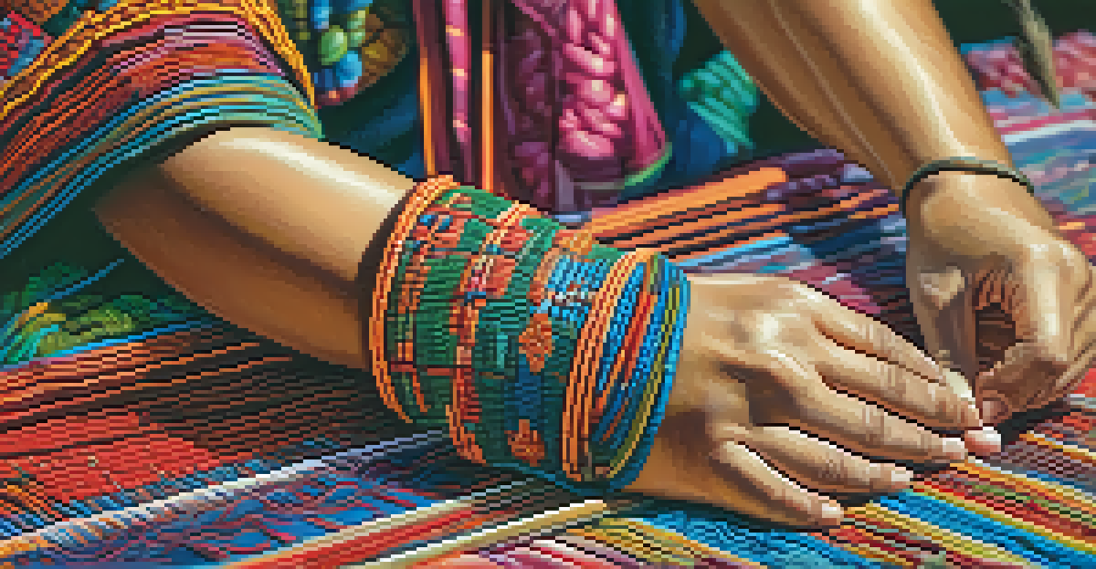 Close-up of hands weaving a colorful traditional textile, focusing on the intricate patterns and textures.