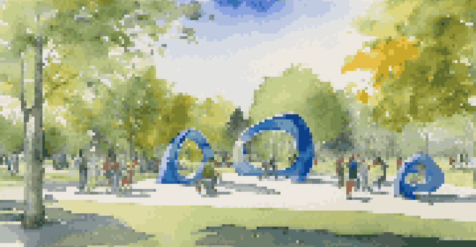 An outdoor art installation with large interactive sculptures made of recycled materials, set in a park with bright blue skies.