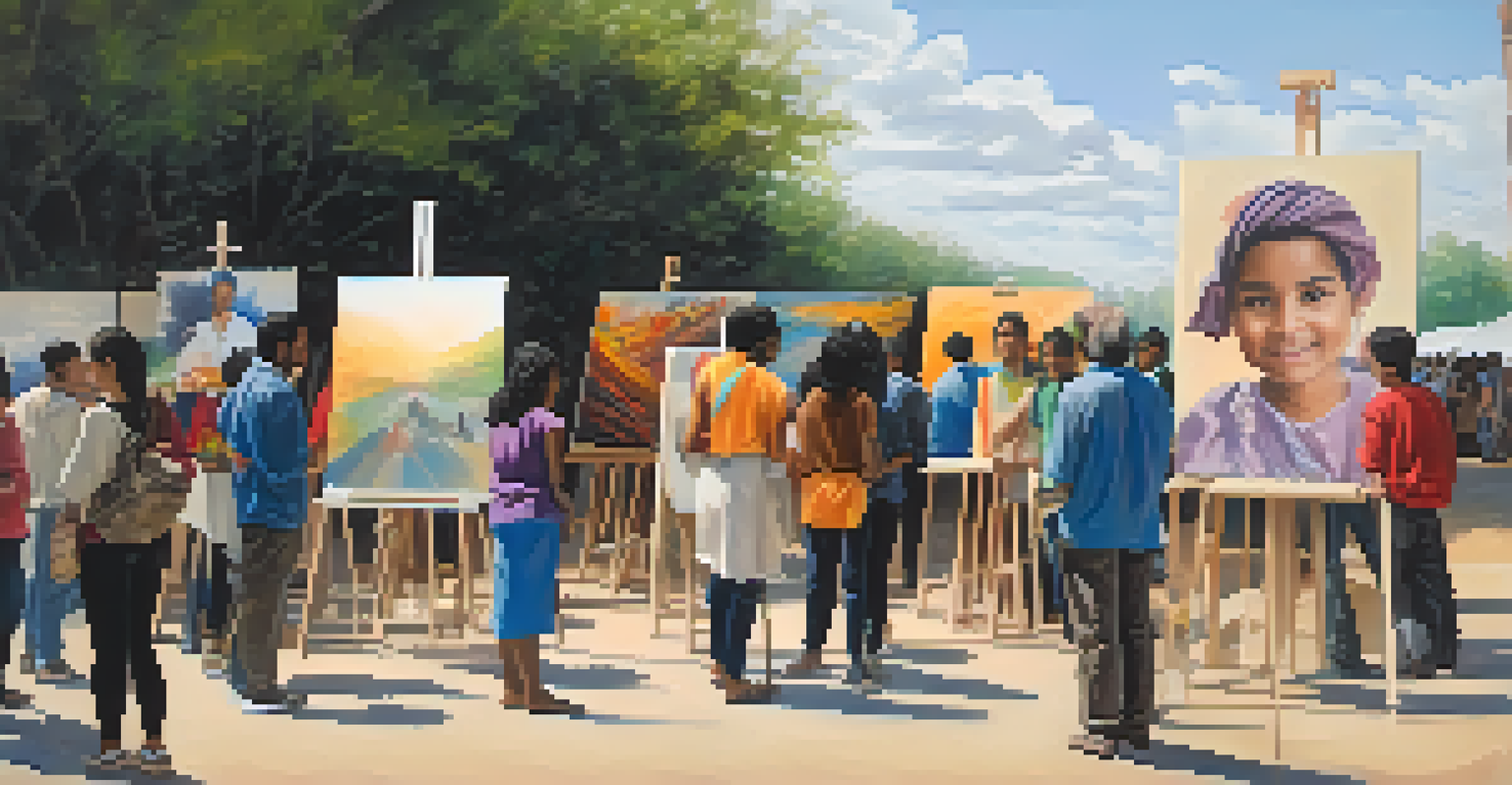 An outdoor exhibition showcasing large canvas paintings by refugees, with diverse viewers interacting with the artwork in natural light.