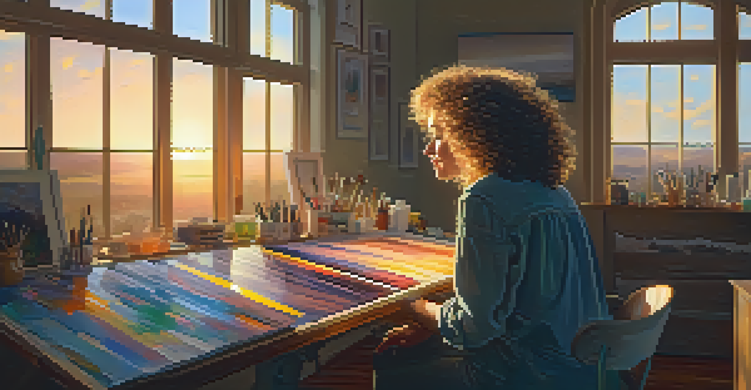 An artist painting a sunset landscape in a cozy studio filled with art supplies.