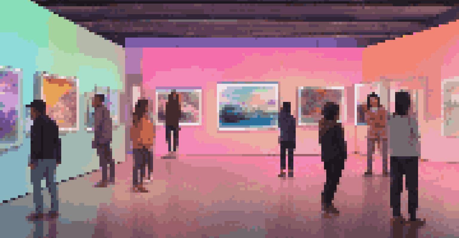 A futuristic virtual art gallery displaying diverse digital artworks from marginalized communities, inviting visitors to engage with the art.