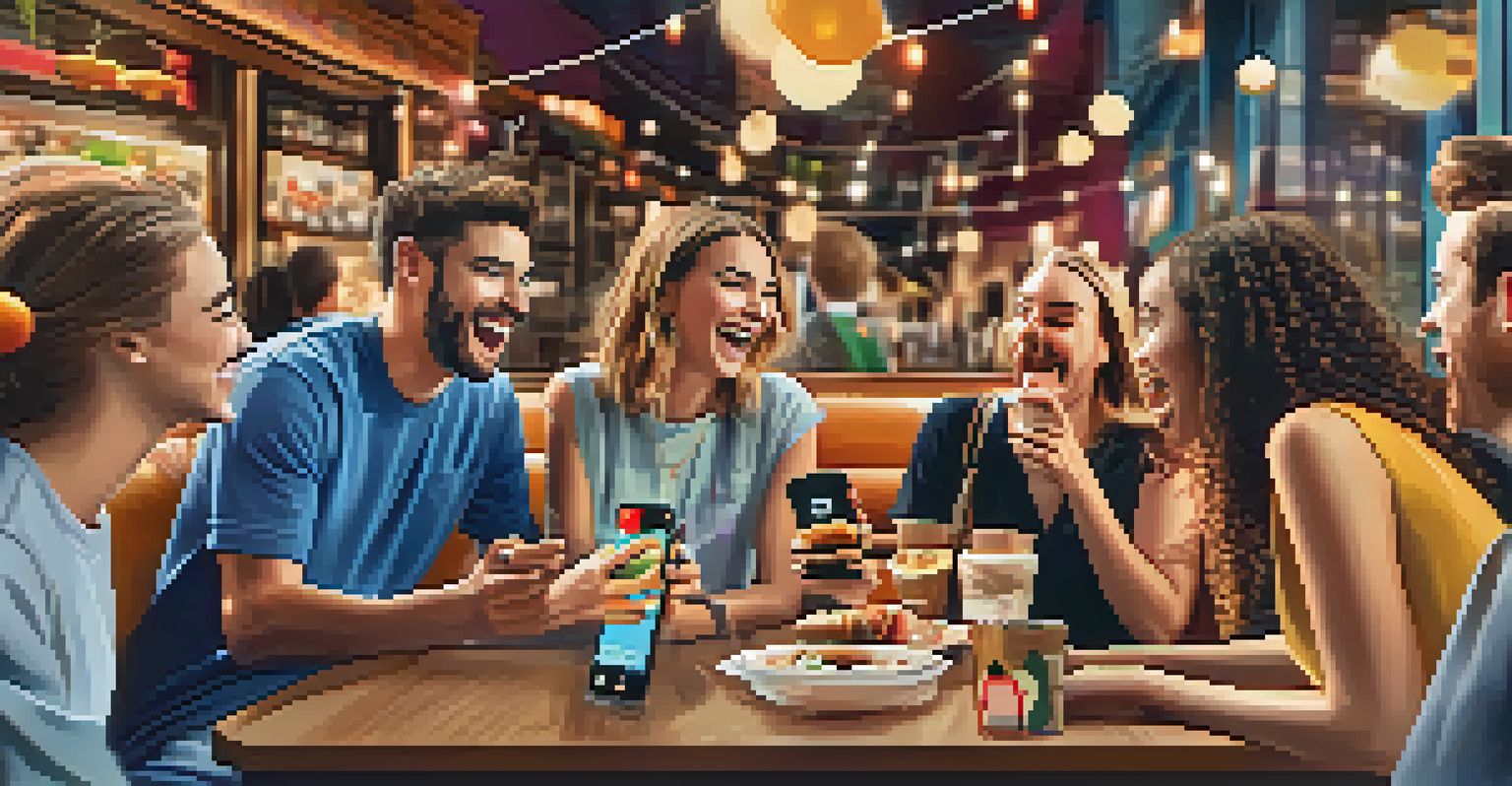 A smartphone displaying prank videos on social media, with friends laughing in a cafe setting, illustrating the joy of shared humor.
