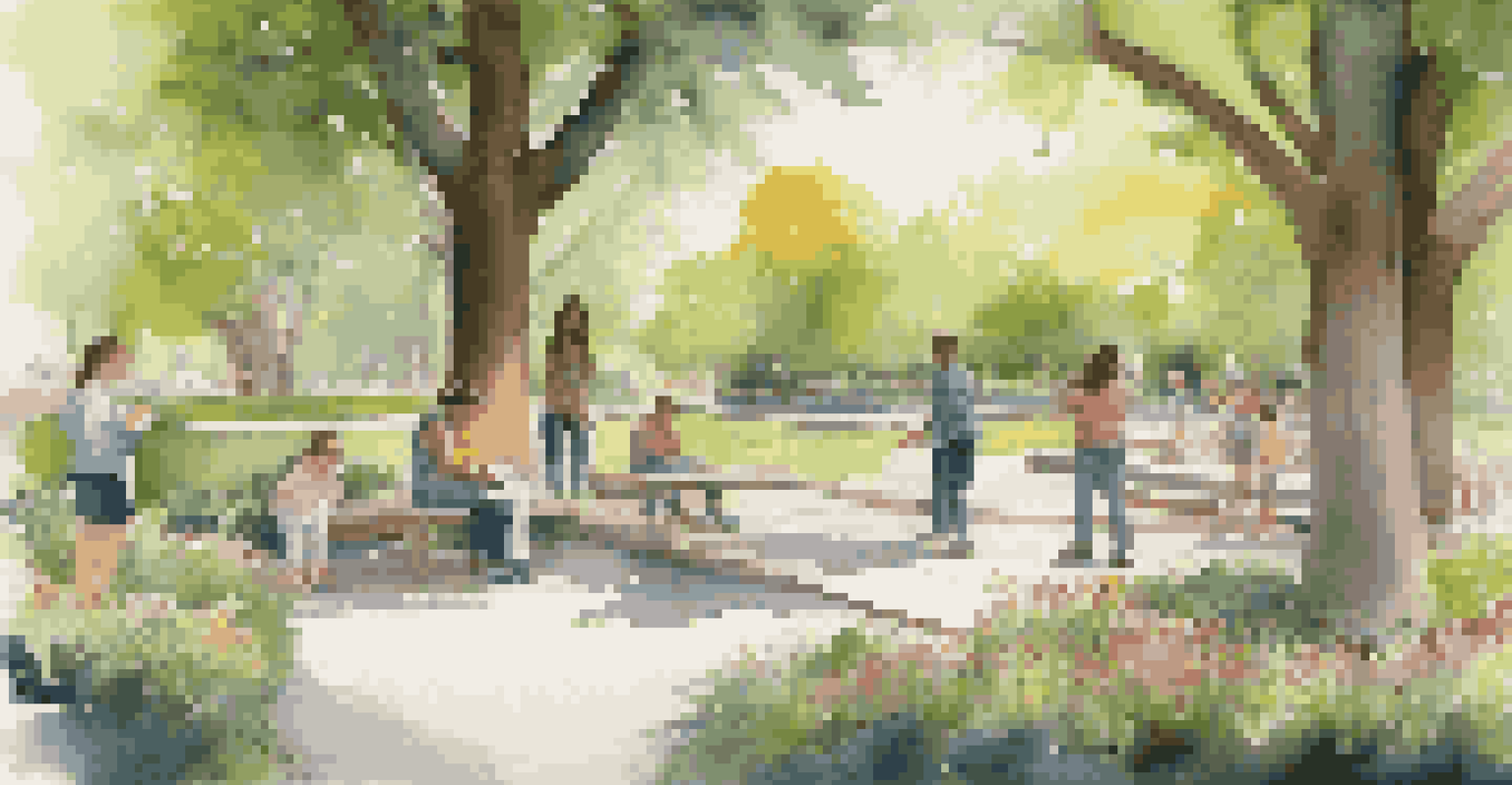 Families enjoying an interactive art installation in a park, reading story pages along a path, surrounded by trees and flowers in morning light.