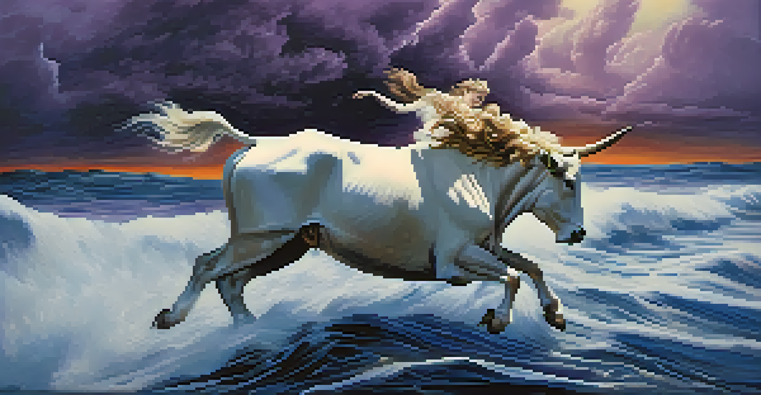 A dramatic interpretation of the myth of Europa on a white bull, set against a stormy sea and sky.