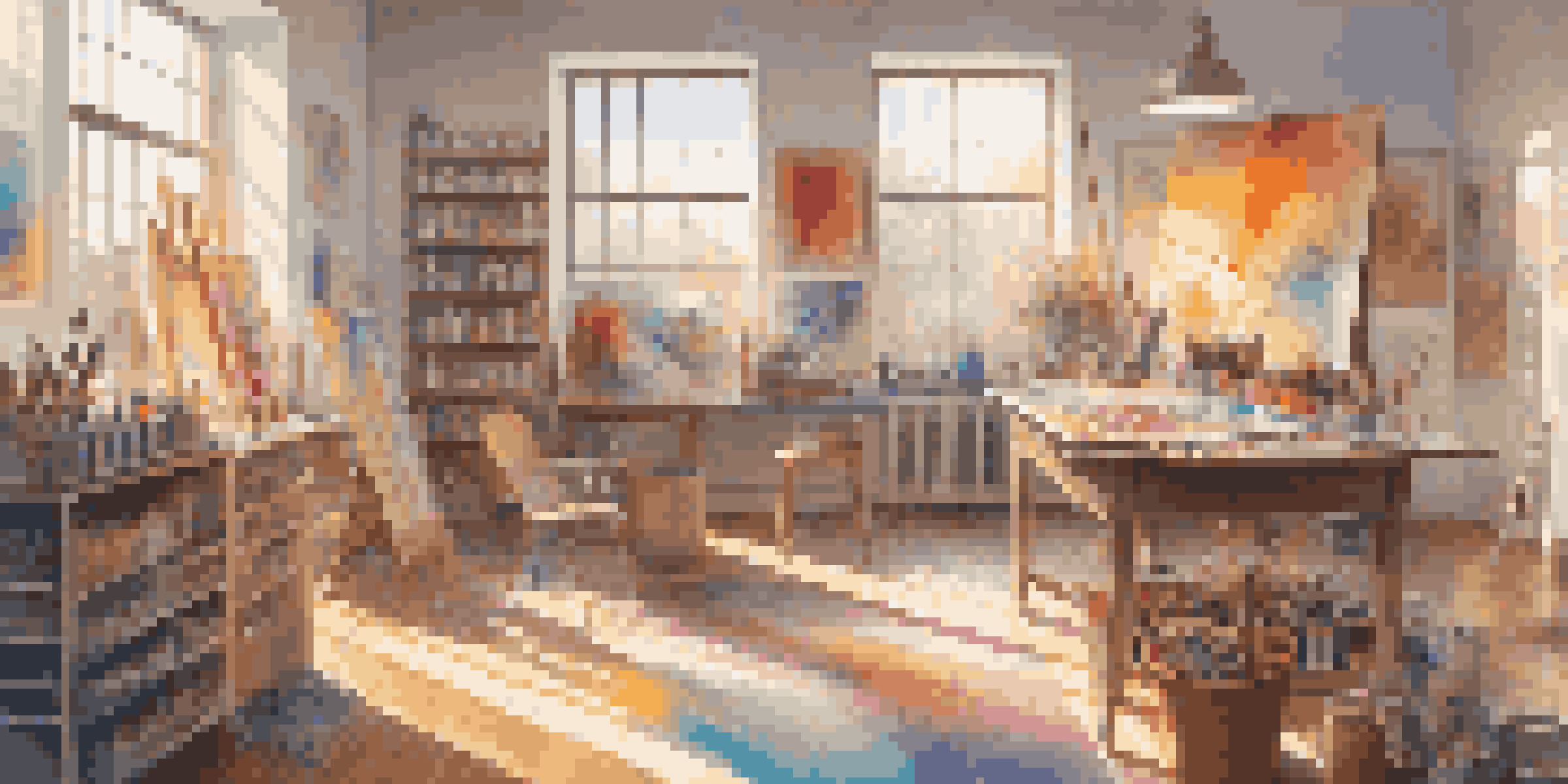 A bright and colorful art studio with various artworks and painting supplies scattered around, illuminated by sunlight from large windows.
