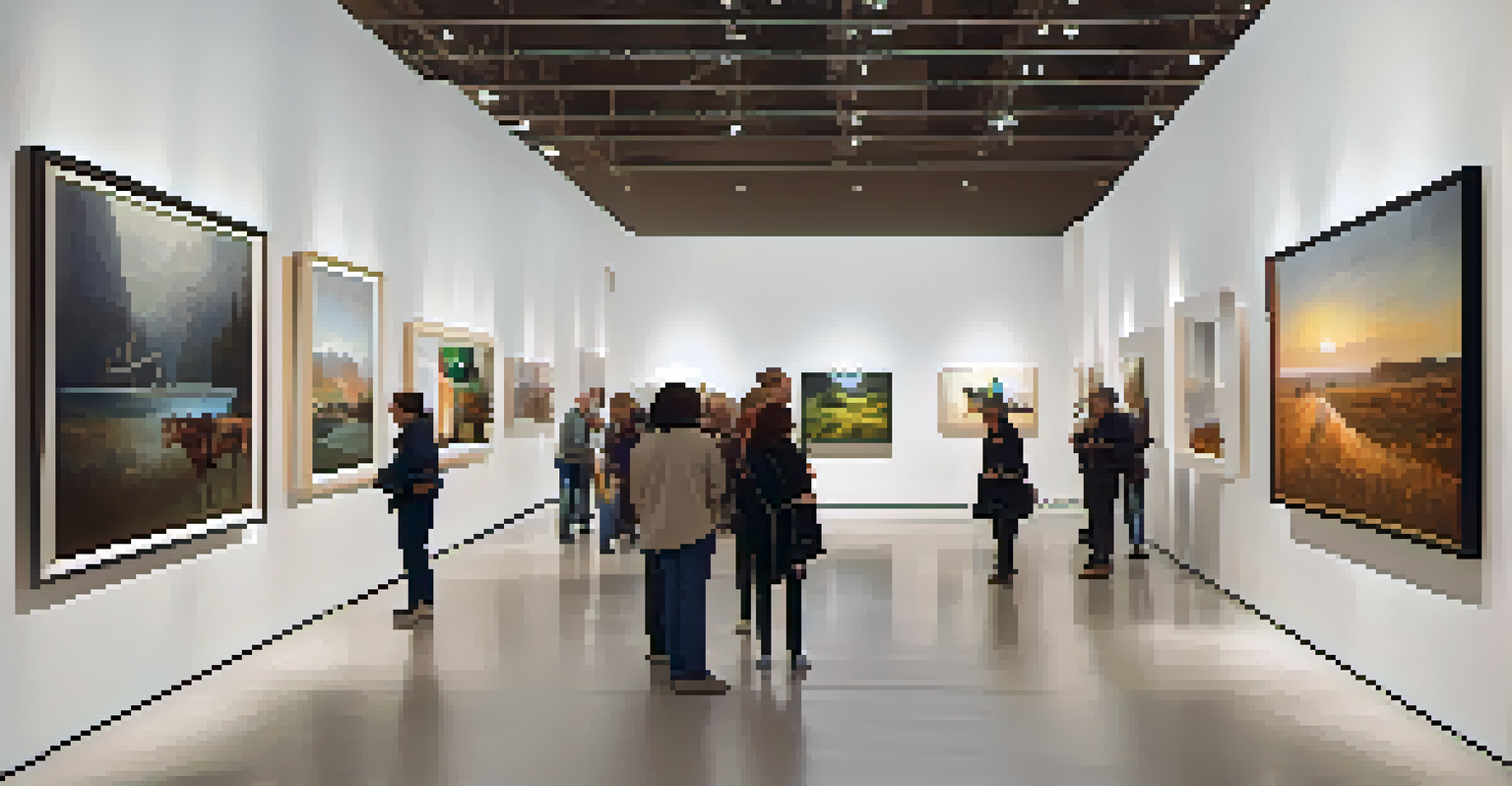 Visitors of different backgrounds engaging with artworks in a bright and spacious art gallery.