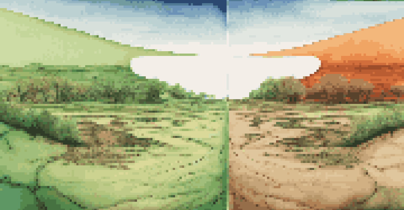 A virtual reality scene divided into two halves: one green and lush, the other dry and barren, highlighting climate change.