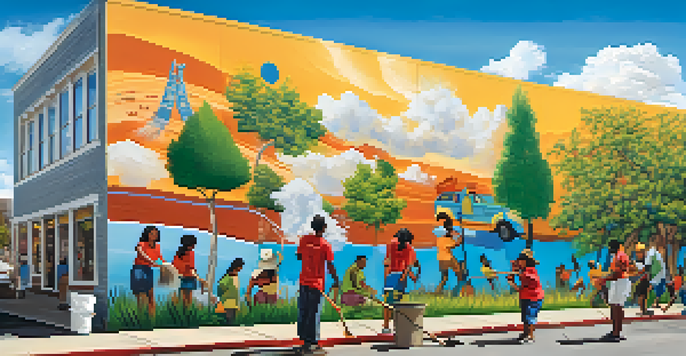 A colorful mural showing a diverse group of people planting trees and cleaning a beach, representing community engagement in environmental action.