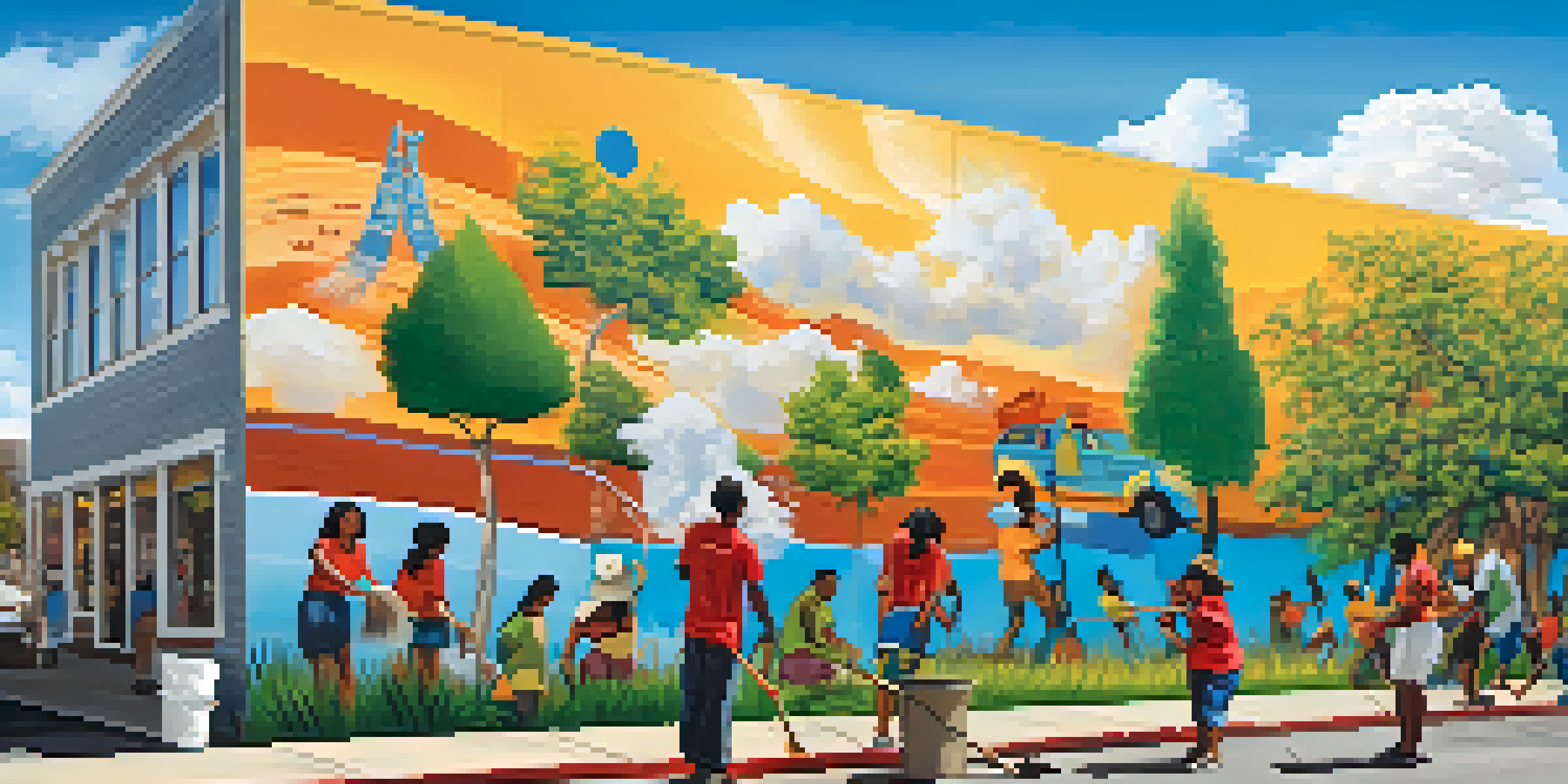 A colorful mural showing a diverse group of people planting trees and cleaning a beach, representing community engagement in environmental action.