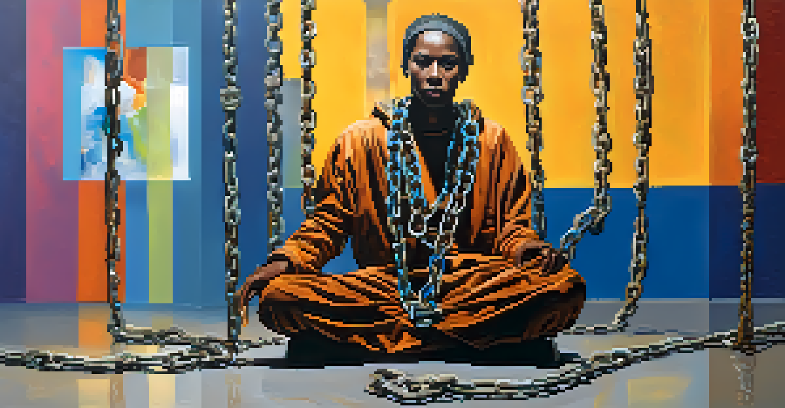 A performance artist wrapped in chains in an industrial space, expressing deep emotions with symbolic objects around them.