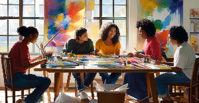 A peaceful art therapy session with a diverse group of people engaged in creative expression, surrounded by art supplies and illuminated by natural light.