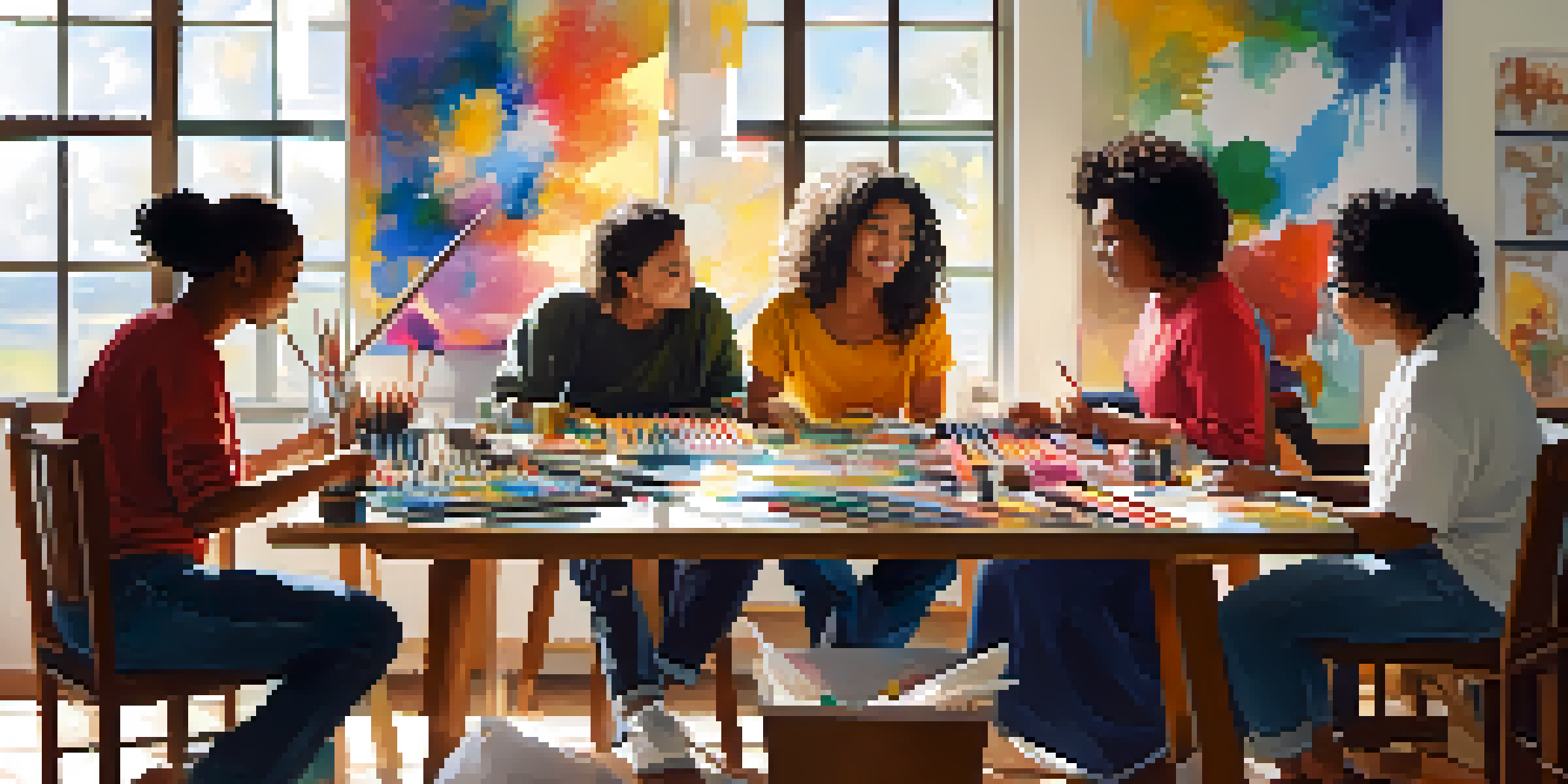 A peaceful art therapy session with a diverse group of people engaged in creative expression, surrounded by art supplies and illuminated by natural light.