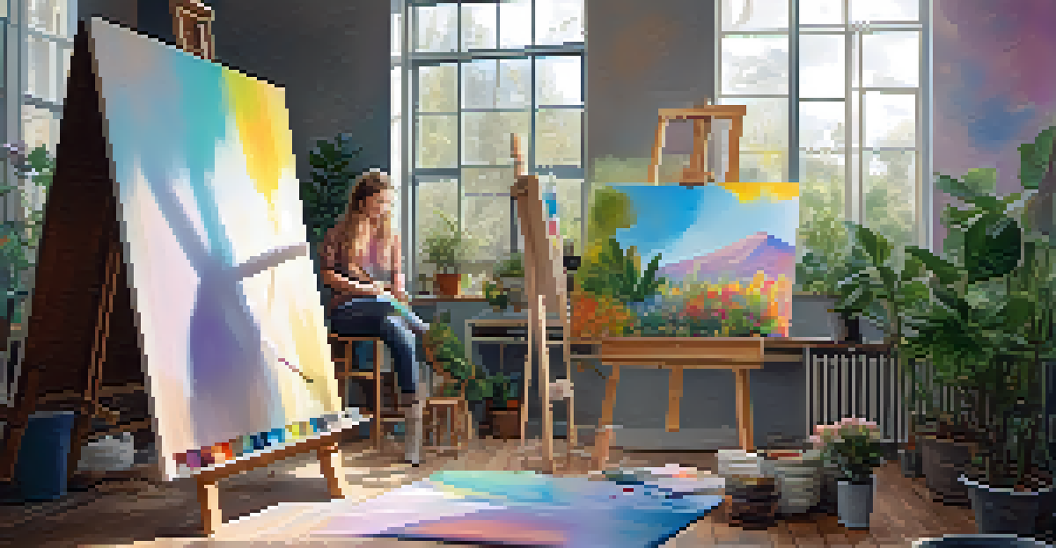 An artist in a bright studio painting a canvas about gender fluidity, surrounded by art supplies and plants.
