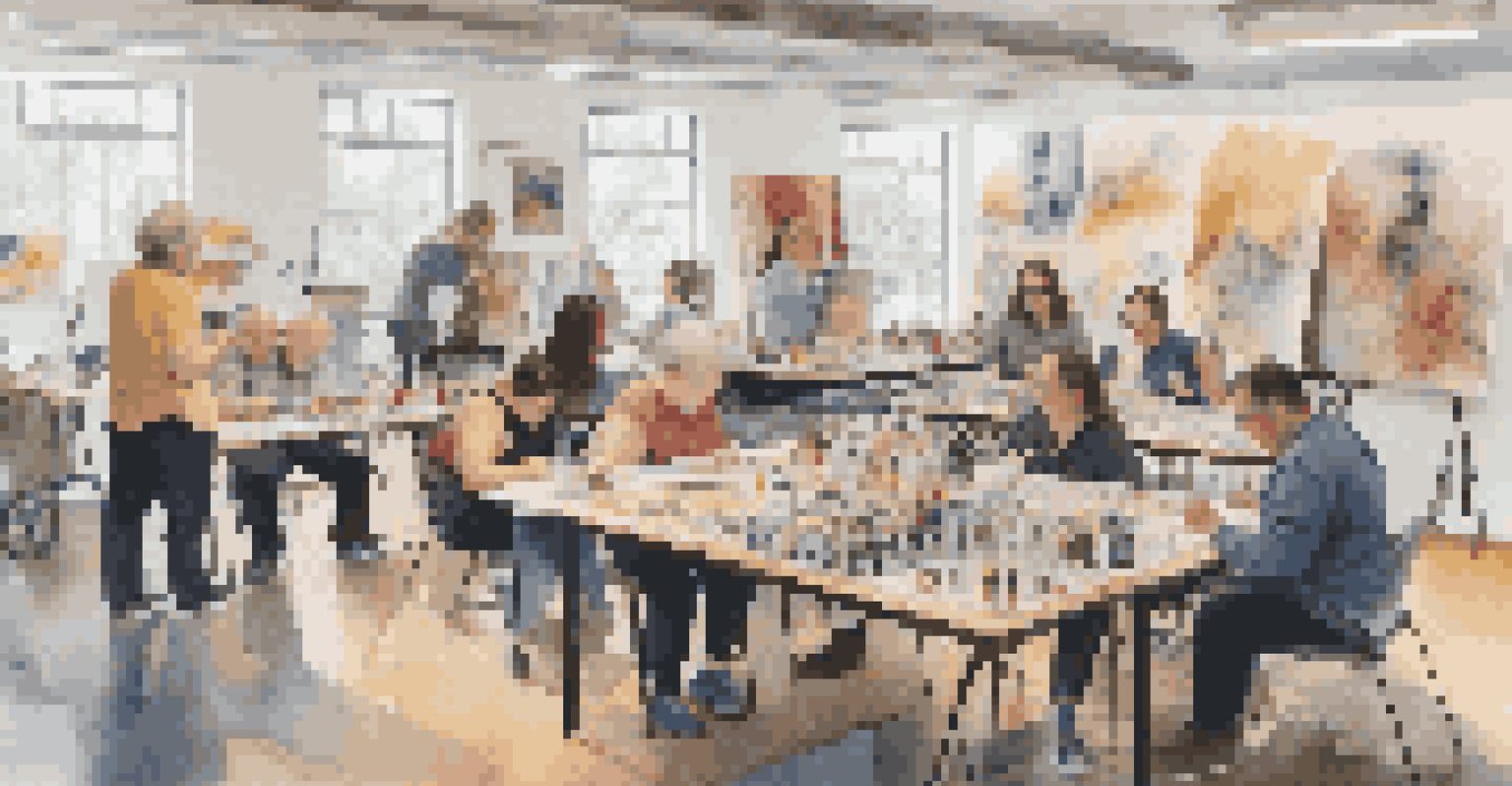 An art workshop featuring artists of all abilities collaborating and sharing ideas, surrounded by art supplies and mixed media creations, filled with creative energy.