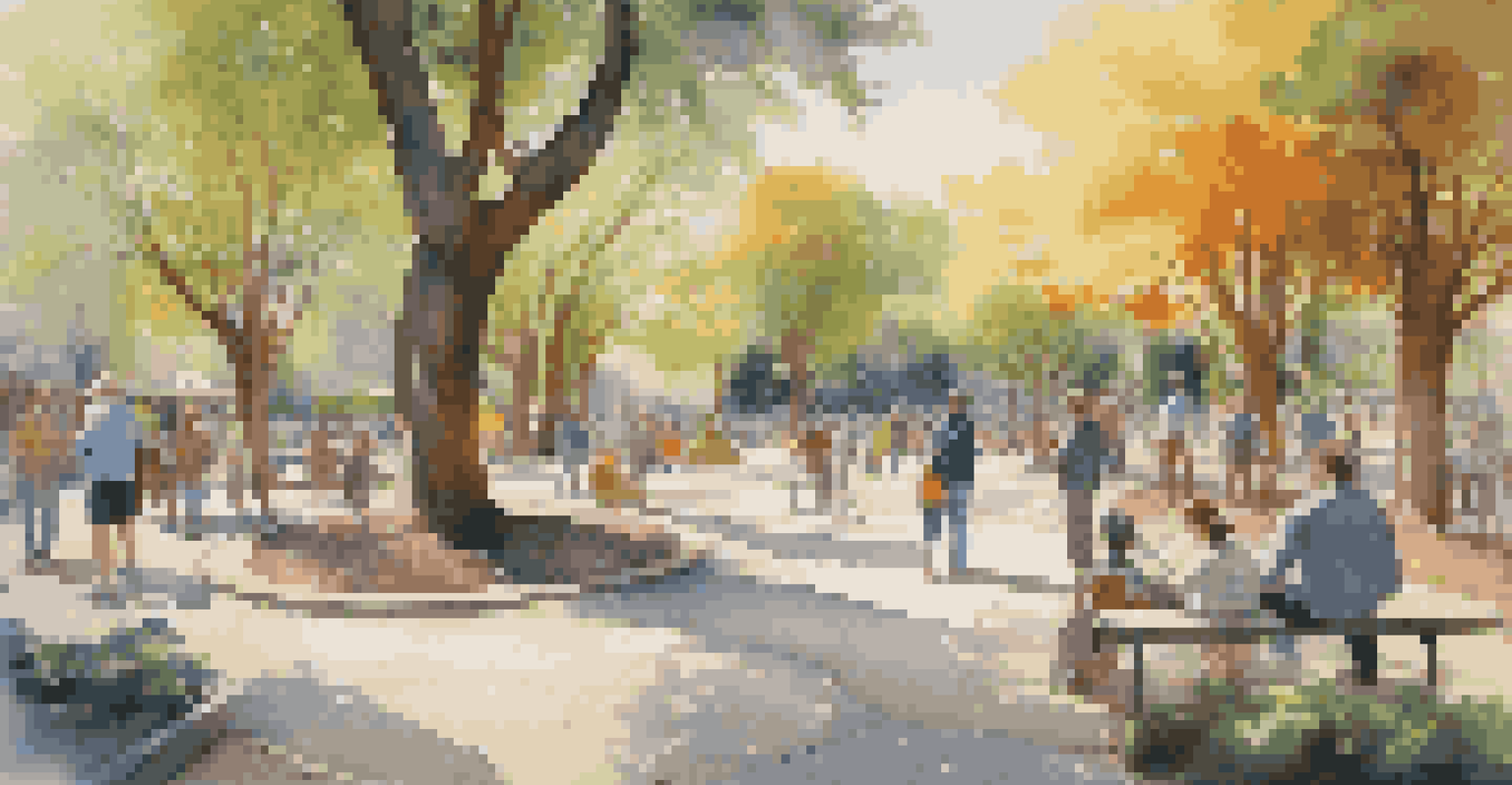 A vibrant park with colorful sculptures and murals, sunlight filtering through trees and visitors enjoying the art.
