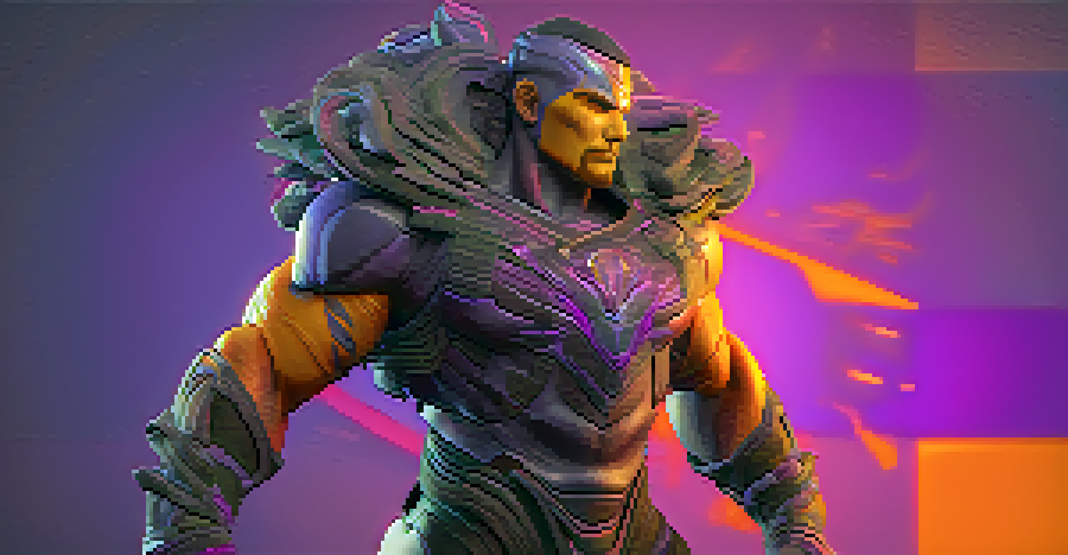 A detailed 3D character model in a dynamic pose against a gradient background.