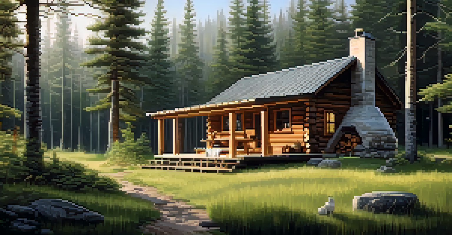 A rustic Scandinavian cabin in a natural setting with greenery and a picnic table.
