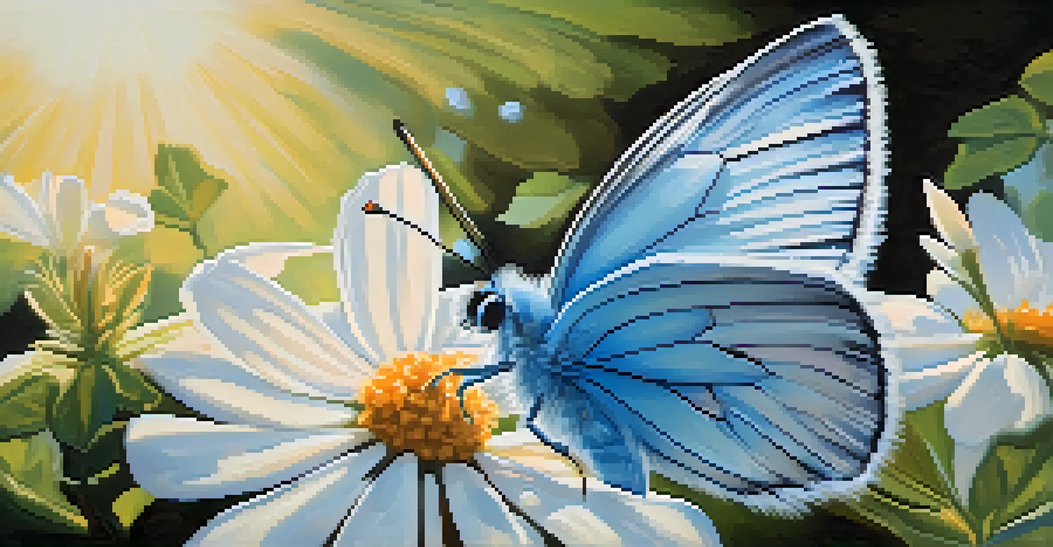 A blue butterfly resting on a white flower with sunlight filtering through the leaves, creating a serene atmosphere.