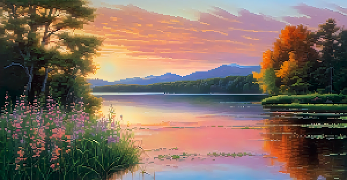 A sunset over a calm lake with vibrant colors reflecting on the water and colorful wildflowers in the foreground.