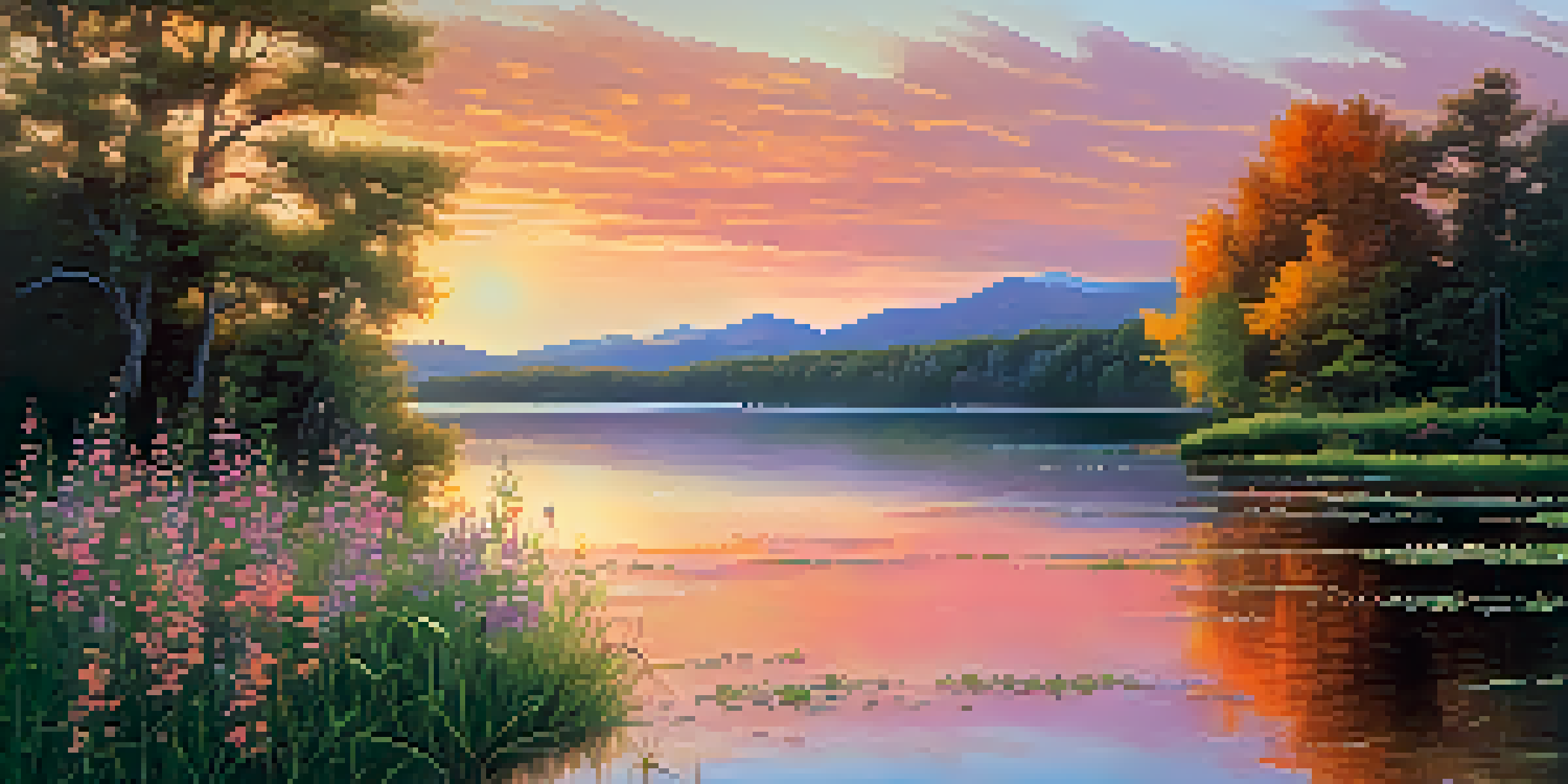 A sunset over a calm lake with vibrant colors reflecting on the water and colorful wildflowers in the foreground.