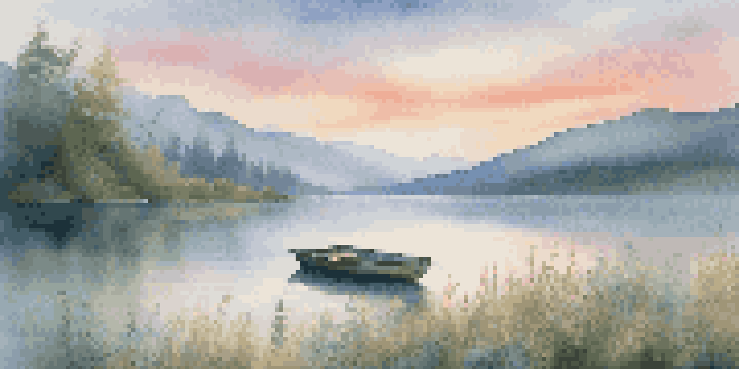 A peaceful dawn landscape with a misty lake, green mountains, and a wooden boat surrounded by wildflowers.