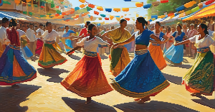 A lively cultural festival with people dancing in traditional attire under warm sunlight, showcasing colorful decorations and joyful expressions.