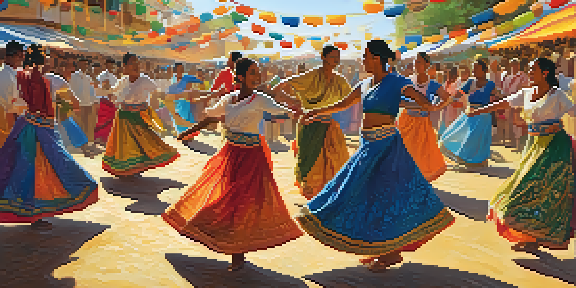 A lively cultural festival with people dancing in traditional attire under warm sunlight, showcasing colorful decorations and joyful expressions.
