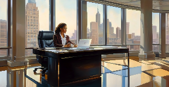 A confident woman seated at an executive desk in an elegantly decorated office, symbolizing empowerment and equality.