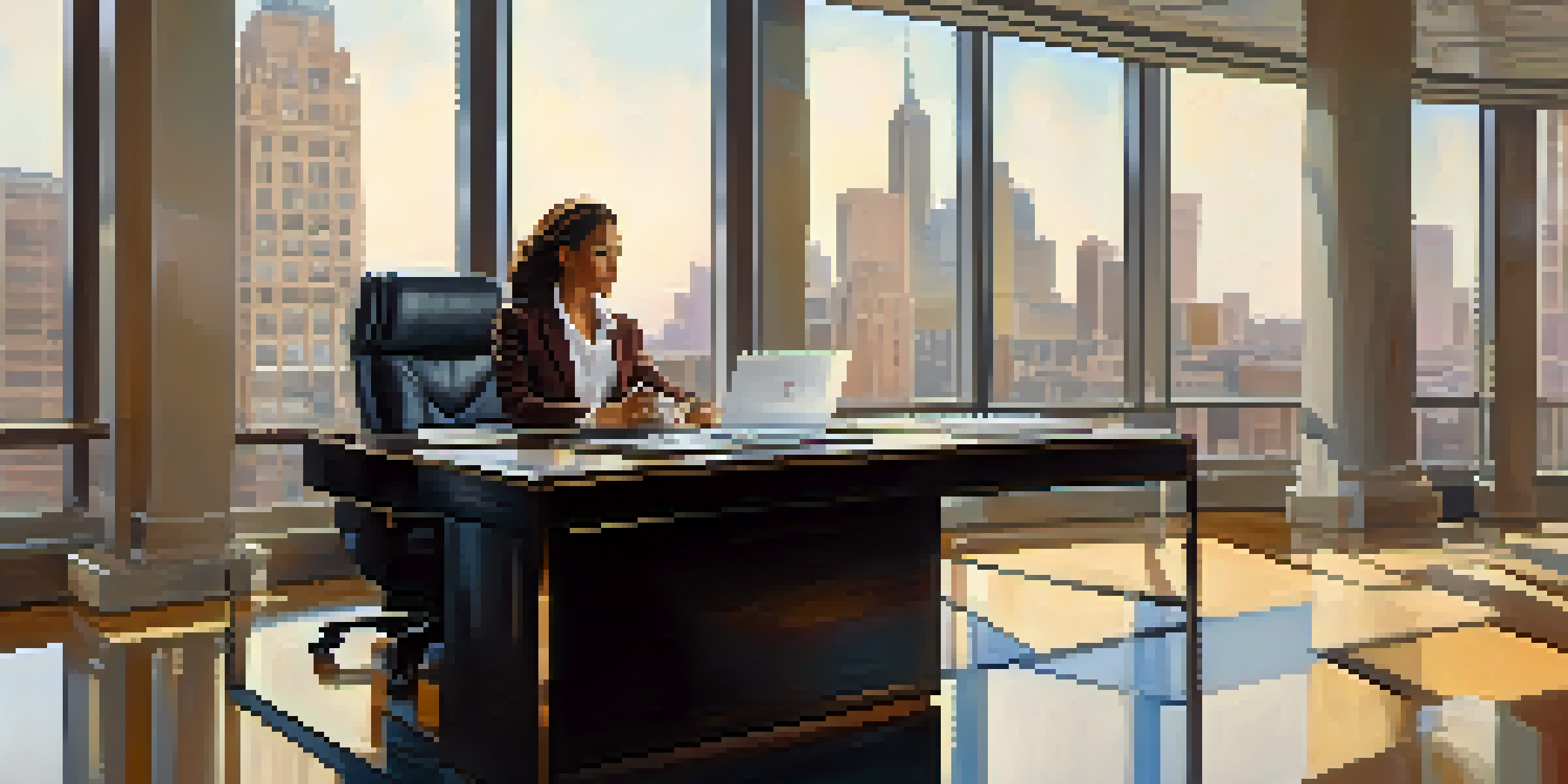 A confident woman seated at an executive desk in an elegantly decorated office, symbolizing empowerment and equality.