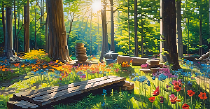 An eco-art installation with reclaimed wood sculptures surrounded by wildflowers and sunlight filtering through trees.