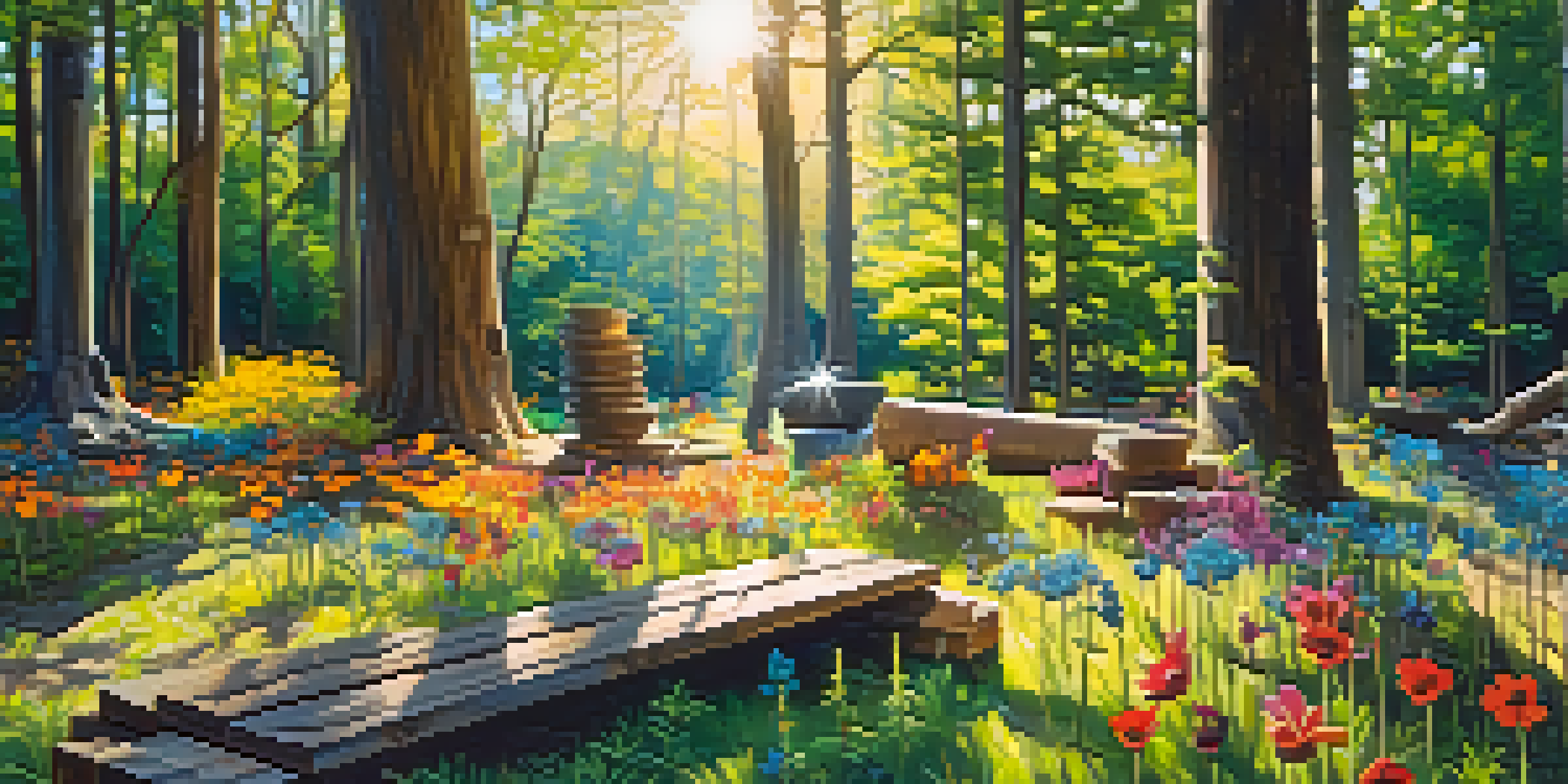 An eco-art installation with reclaimed wood sculptures surrounded by wildflowers and sunlight filtering through trees.