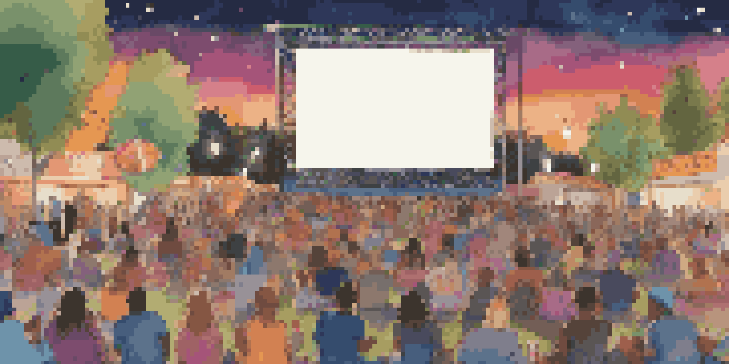 A lively outdoor film festival during sunset with a diverse crowd watching movies on a large screen, surrounded by colorful decorations and fairy lights.