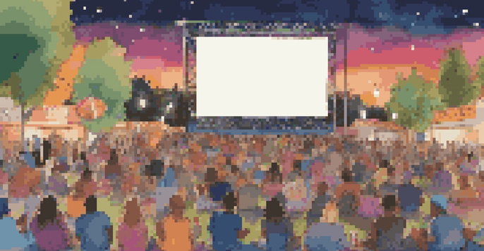 A lively outdoor film festival during sunset with a diverse crowd watching movies on a large screen, surrounded by colorful decorations and fairy lights.