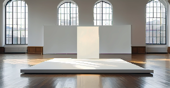 A spacious gallery with a large white canvas on the wall, illuminated by natural sunlight, creating a serene and minimalist atmosphere.