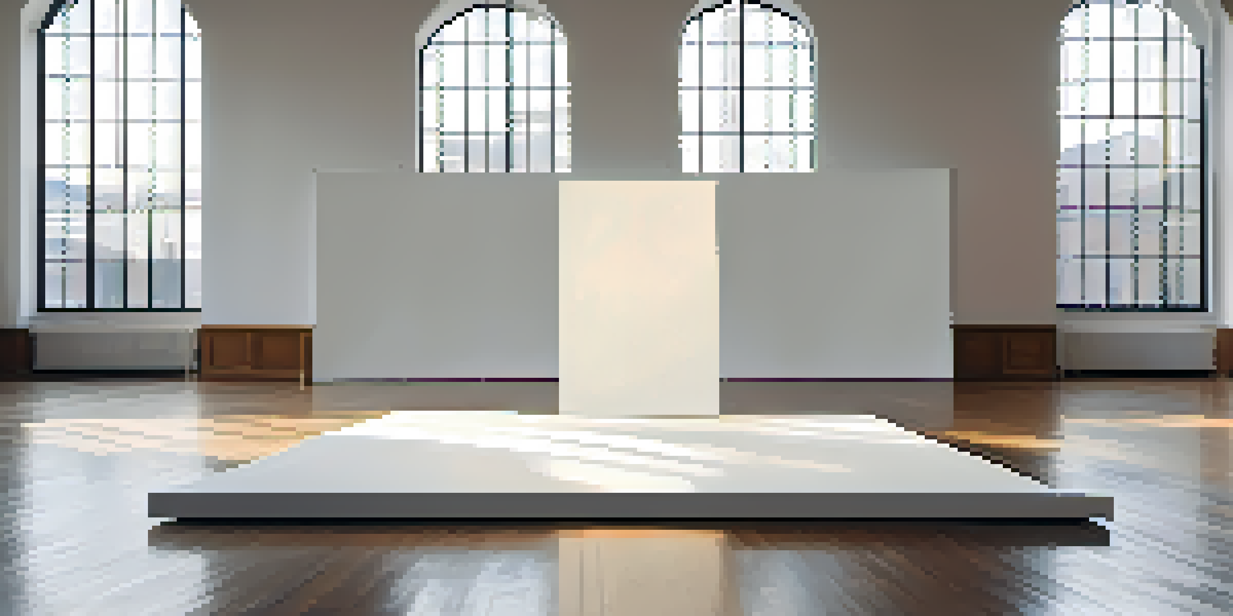 A spacious gallery with a large white canvas on the wall, illuminated by natural sunlight, creating a serene and minimalist atmosphere.