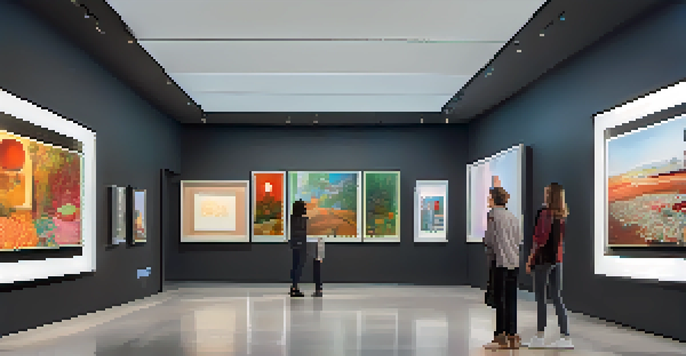 A digital art gallery with modern screens displaying colorful artworks and visitors engaged in discussion.