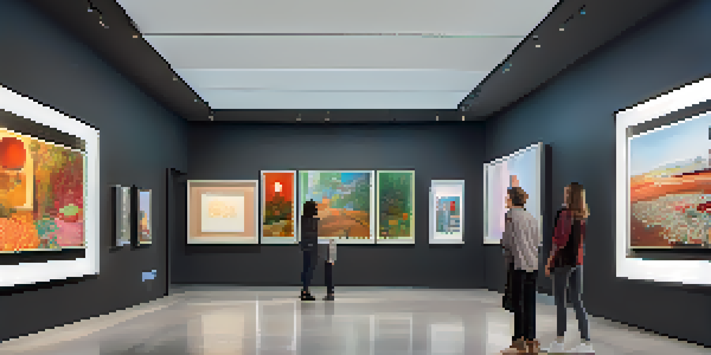 A digital art gallery with modern screens displaying colorful artworks and visitors engaged in discussion.